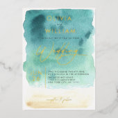 Blauwgroen Blauw Zand Waterverf Bruiloft Folie Uit Folie Uitnodiging (Voorkant)