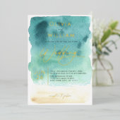 Blauwgroen Blauw Zand Waterverf Bruiloft Folie Uit Folie Uitnodiging (Staand Voorkant)