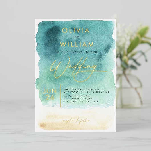 Blauwgroen Blauw Zand Waterverf Bruiloft Folie Uit Folie Uitnodiging (Staand Voorkant)