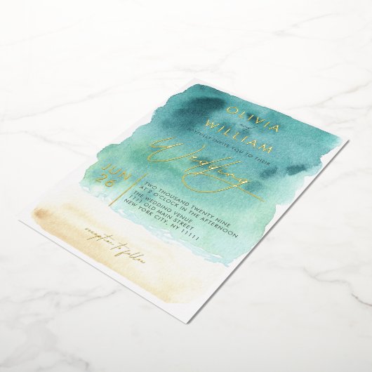 Blauwgroen Blauw Zand Waterverf Bruiloft Folie Uit Folie Uitnodiging (Gedraaid)