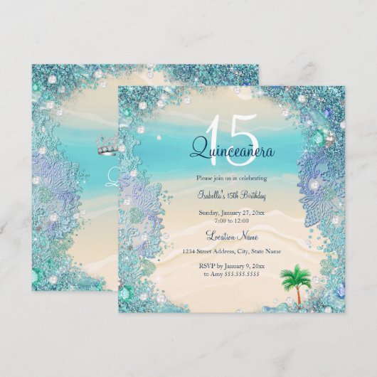 Blauwgroen blauw zand zeestrand 2 Quinceanera Kaart (Voorkant / Achterkant)