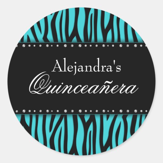 Blauwgroen Blauw Zebra Diamonds Quinceanera Ronde Sticker (Voorkant)