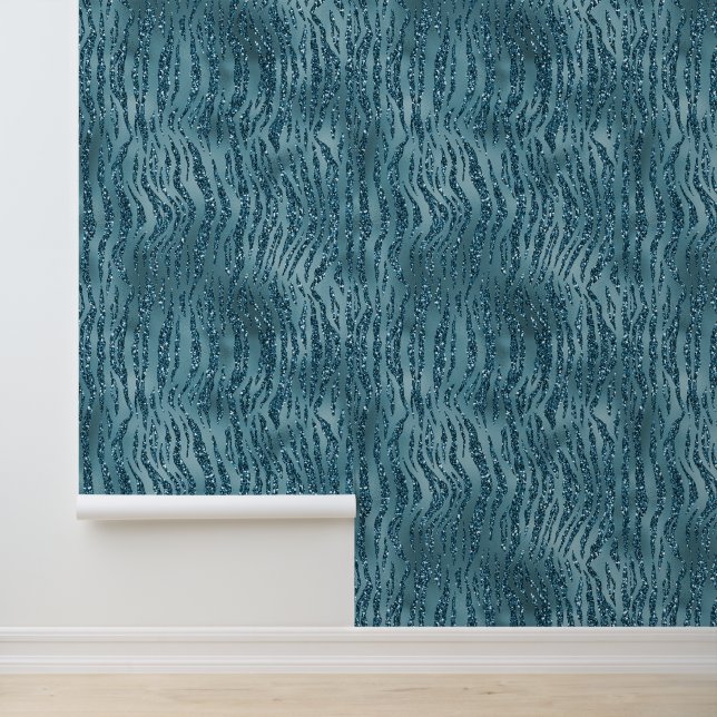Blauwgroen Blauw Zebra Glitter Behang (Applicatie)