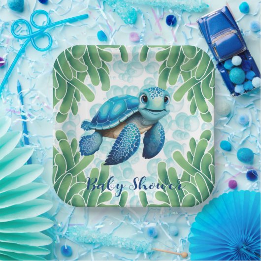 Blauwgroen Blauw Zee Turtle Boy Baby shower Papieren Bordje (Feest)