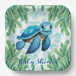 Blauwgroen Blauw Zee Turtle Boy Baby shower Papieren Bordje