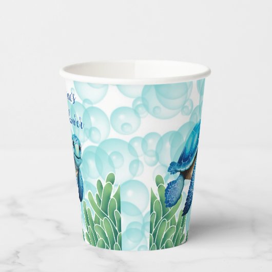 Blauwgroen Blauw Zeeen Schildpad Zeewier Jongen Ba Papieren Bekers (Links)