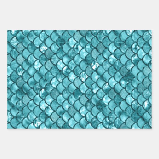 Blauwgroen Blauw Zeemeermin Schalen Patroon Inpakpapier Vel (Voorkant 3)