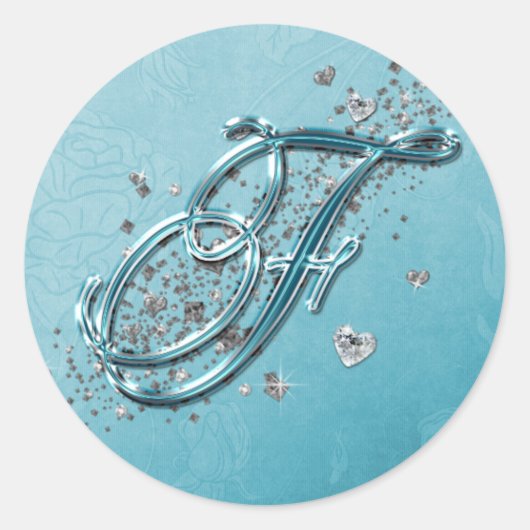 Blauwgroen blauw zilver glitter script tekst monog ronde sticker (Voorkant)