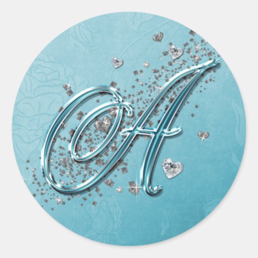 Blauwgroen blauw zilver glitter script tekst monog ronde sticker (Voorkant)