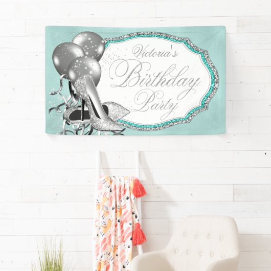 Blauwgroen Blauw Zilver Hoge Heel Schoen Verjaarda Spandoek (Insitu)