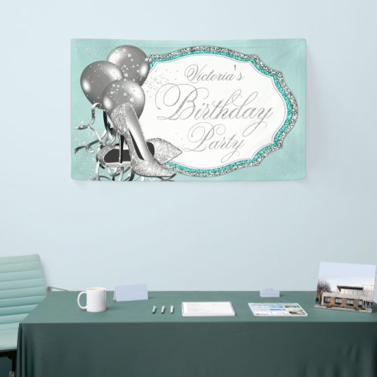 Blauwgroen Blauw Zilver Hoge Heel Schoen Verjaarda Spandoek (Beurs)