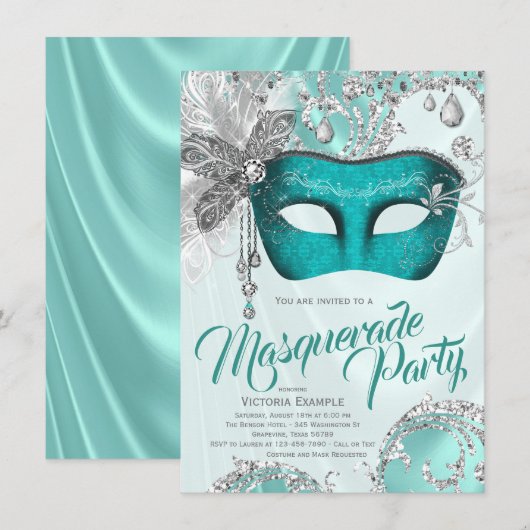 Blauwgroen Blauw Zilver Sweet 16 Masquerade Party Kaart (Voorkant / Achterkant)