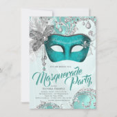 Blauwgroen Blauw Zilver Sweet 16 Masquerade Party Kaart (Voorkant)