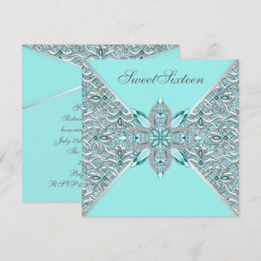 Blauwgroen Blauw Zilver Sweet Sixteen Verjaardagsf Kaart (Voorkant / Achterkant)