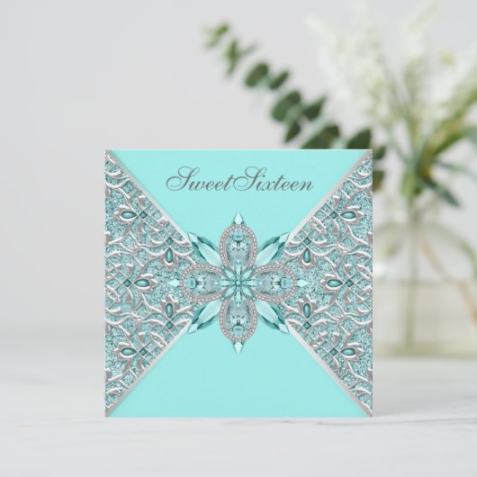 Blauwgroen Blauw Zilver Sweet Sixteen Verjaardagsf Kaart (Staand voorkant)