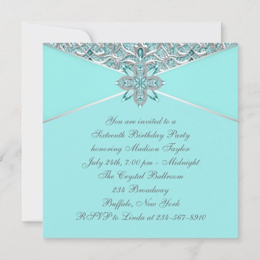 Blauwgroen Blauw Zilver Sweet Sixteen Verjaardagsf Kaart (Achterkant)