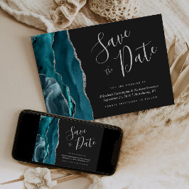 Blauwgroen Blauw Zilveren Agaat Dark Save the Date Kaart