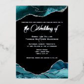 Blauwgroen Blauw Zilveren Faux Glitter Agaat Weddi Folie Uitnodiging (Voorkant)