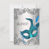 Blauwgroen Blauw Zilveren Masker Masquerade Party  RSVP Kaartje (Voorkant)