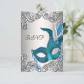 Blauwgroen Blauw Zilveren Masker Masquerade Party  RSVP Kaartje (Staand voorkant)