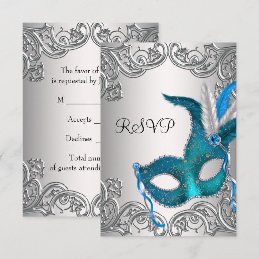Blauwgroen Blauw Zilveren Masker Masquerade Party  RSVP Kaartje (Voorkant / Achterkant)