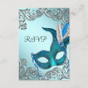 Blauwgroen Blauw Zilveren Masker Masquerade Party  RSVP Kaartje