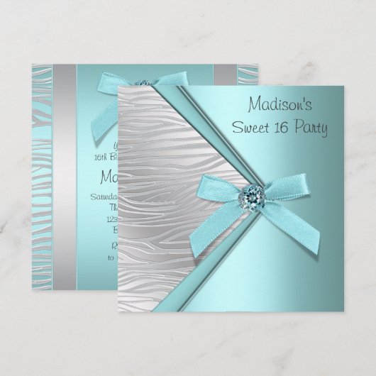 Blauwgroen Blauw Zilveren Zebra Sweet 16 Party Kaart (Voorkant / Achterkant)