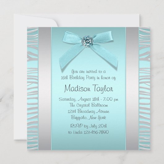 Blauwgroen Blauw Zilveren Zebra Sweet 16 Party Kaart (Achterkant)