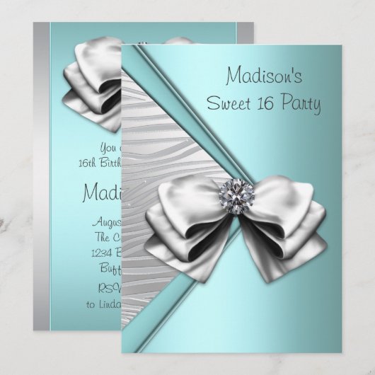 Blauwgroen Blauw Zilveren Zebra Sweet 16 Party Kaart (Voorkant / Achterkant)