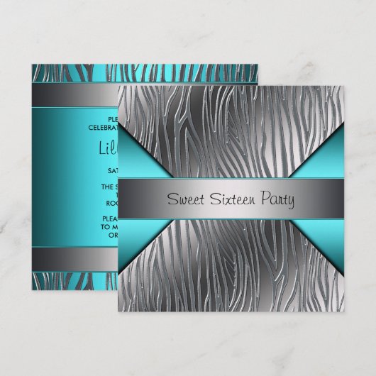 Blauwgroen Blauw Zilveren Zebra Sweet 16 Party Kaart (Voorkant / Achterkant)