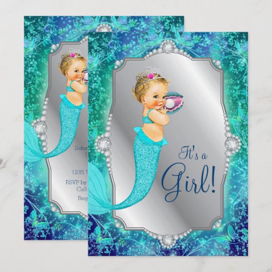 Blauwgroen blauw zilveren zeemeermin onder het Zee Kaart (Voorkant / Achterkant)