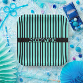 Blauwgroen blauw zwart Aangepaste naam Stripes Bab Papieren Bordje (Feest)