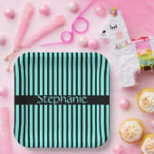 Blauwgroen blauw zwart Aangepaste naam Stripes Bab Papieren Bordje (Feest)