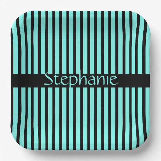 Blauwgroen blauw zwart Aangepaste naam Stripes Bab Papieren Bordje (Voorkant)