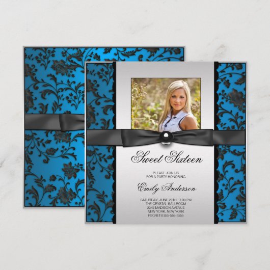 Blauwgroen Blauw Zwart Damask Foto Sweet 16 Party Kaart (Voorkant / Achterkant)
