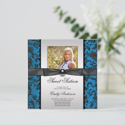 Blauwgroen Blauw Zwart Damask Foto Sweet 16 Party Kaart (Staand voorkant)