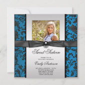 Blauwgroen Blauw Zwart Damask Foto Sweet 16 Party Kaart (Voorkant)