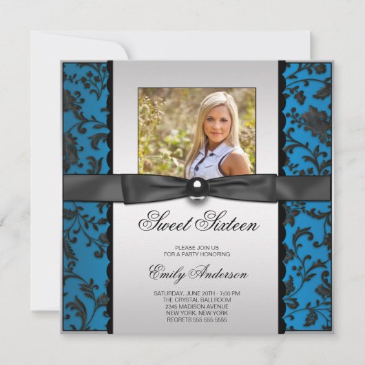 Blauwgroen Blauw Zwart Damask Foto Sweet 16 Party Kaart (Voorkant)