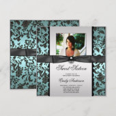 Blauwgroen Blauw Zwart Damask Foto Sweet 16 Party Kaart (Voorkant / Achterkant)