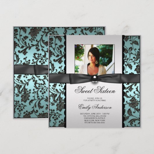 Blauwgroen Blauw Zwart Damask Foto Sweet 16 Party Kaart (Voorkant / Achterkant)