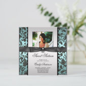 Blauwgroen Blauw Zwart Damask Foto Sweet 16 Party Kaart (Staand voorkant)