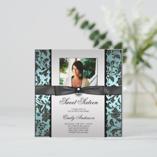 Blauwgroen Blauw Zwart Damask Foto Sweet 16 Party Kaart (Staand voorkant)