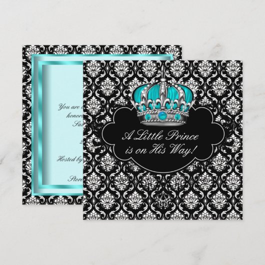 Blauwgroen Blauw Zwart Damask Prince Baby Shower Kaart (Voorkant / Achterkant)