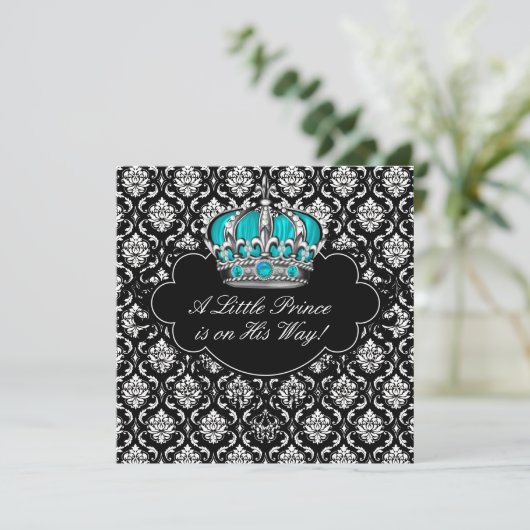 Blauwgroen Blauw Zwart Damask Prince Baby Shower Kaart (Staand voorkant)