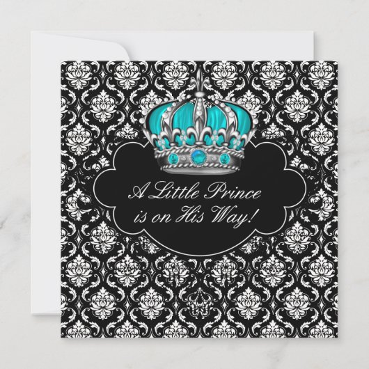Blauwgroen Blauw Zwart Damask Prince Baby Shower Kaart (Voorkant)