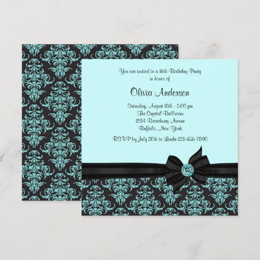 Blauwgroen Blauw Zwart Damask Sweet 16 Party Kaart (Voorkant / Achterkant)