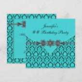 Blauwgroen Blauw Zwart Damask Verjaardagsfeest Kaart (Voorkant / Achterkant)
