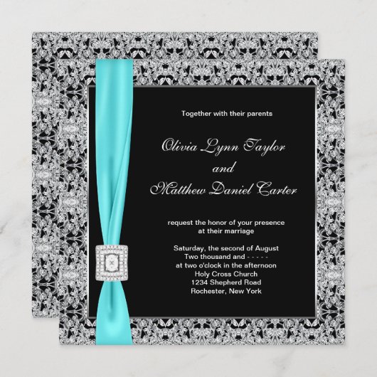 Blauwgroen Blauw Zwart en Zilver bruiloft Kaart (Voorkant / Achterkant)