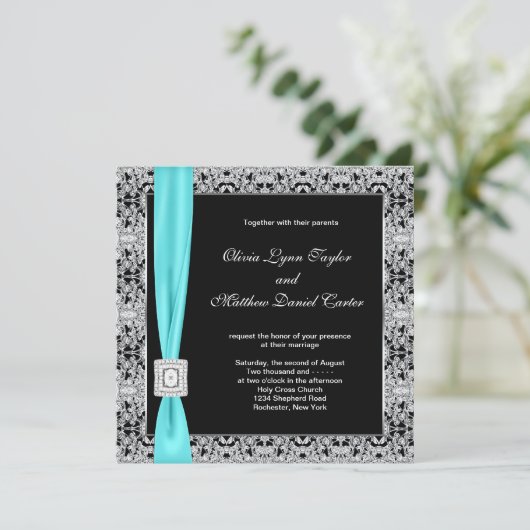 Blauwgroen Blauw Zwart en Zilver bruiloft Kaart (Staand voorkant)