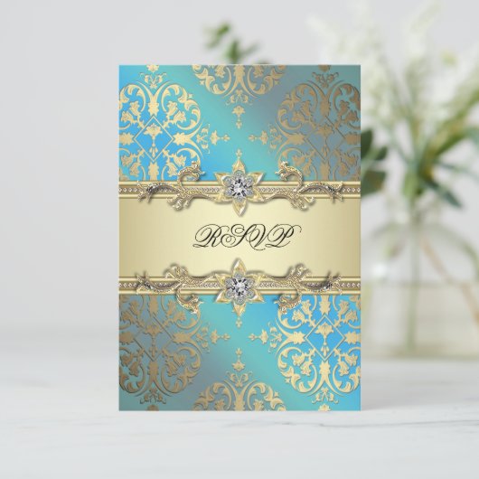 Blauwgroen Blauw Zwart Goud Damask RSVP (Staand voorkant)